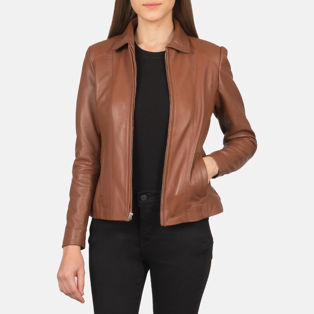 Womens Colette Brown Leather Jacket Open Front-4-1659373325957