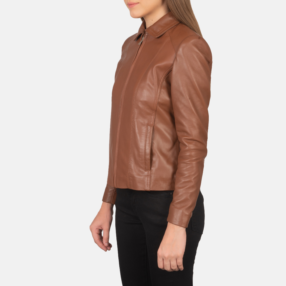 Womens Colette Brown Leather Jacket Side Pose-3-1659373319849