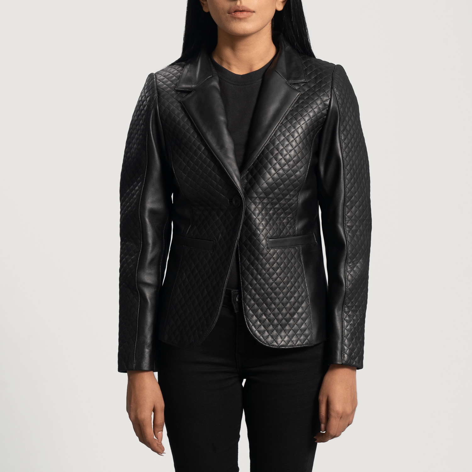 Womens Cora Quilted Black Leather Blazer Close Front-5-1664359734697