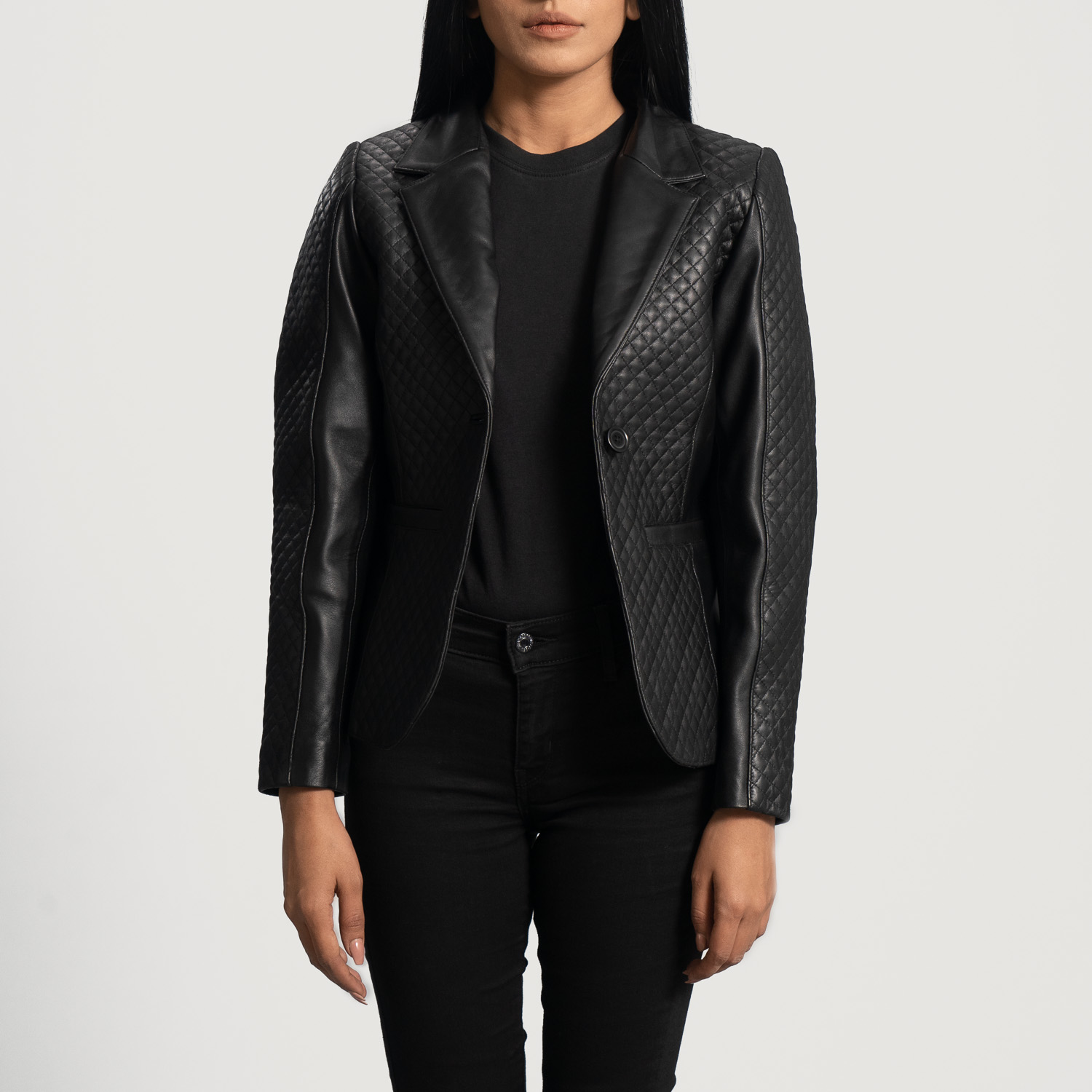 Womens Cora Quilted Black Leather Blazer Open Front-4-1664359731989