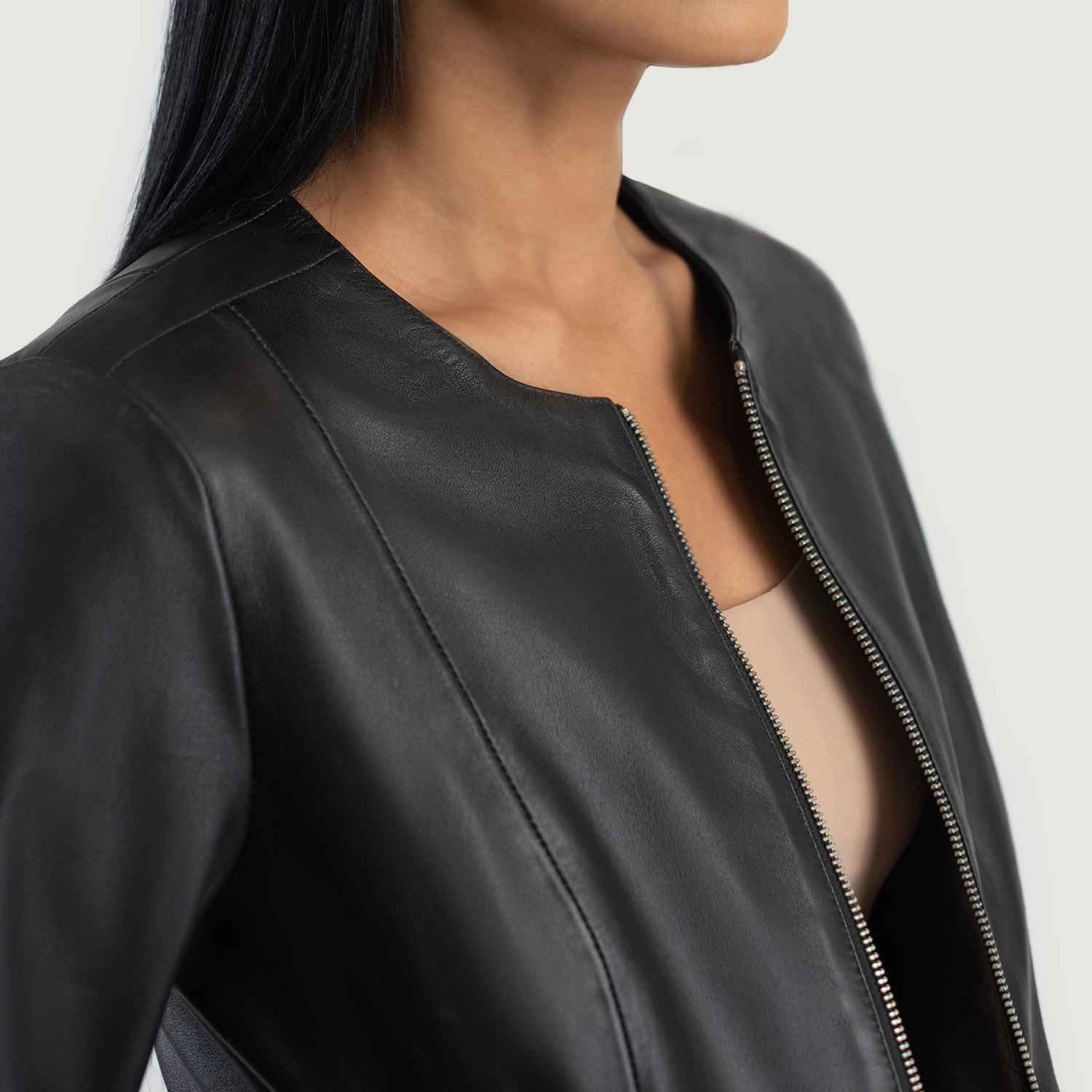 Womens Elixir Black Collarless Leather Jacket Close-Up-9-1686933697746