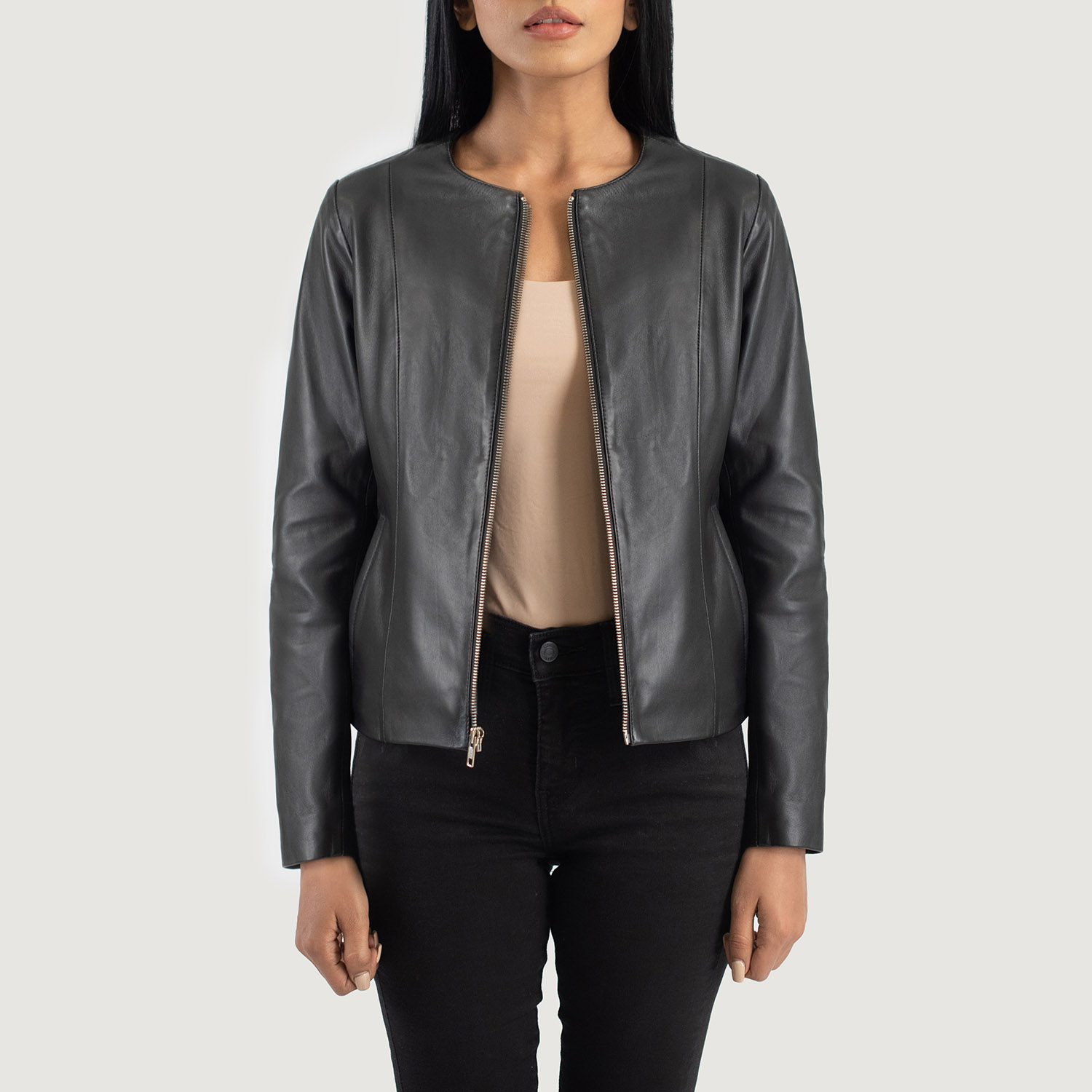 Womens Elixir Black Collarless Leather Jacket Open Front-4-1686933685208