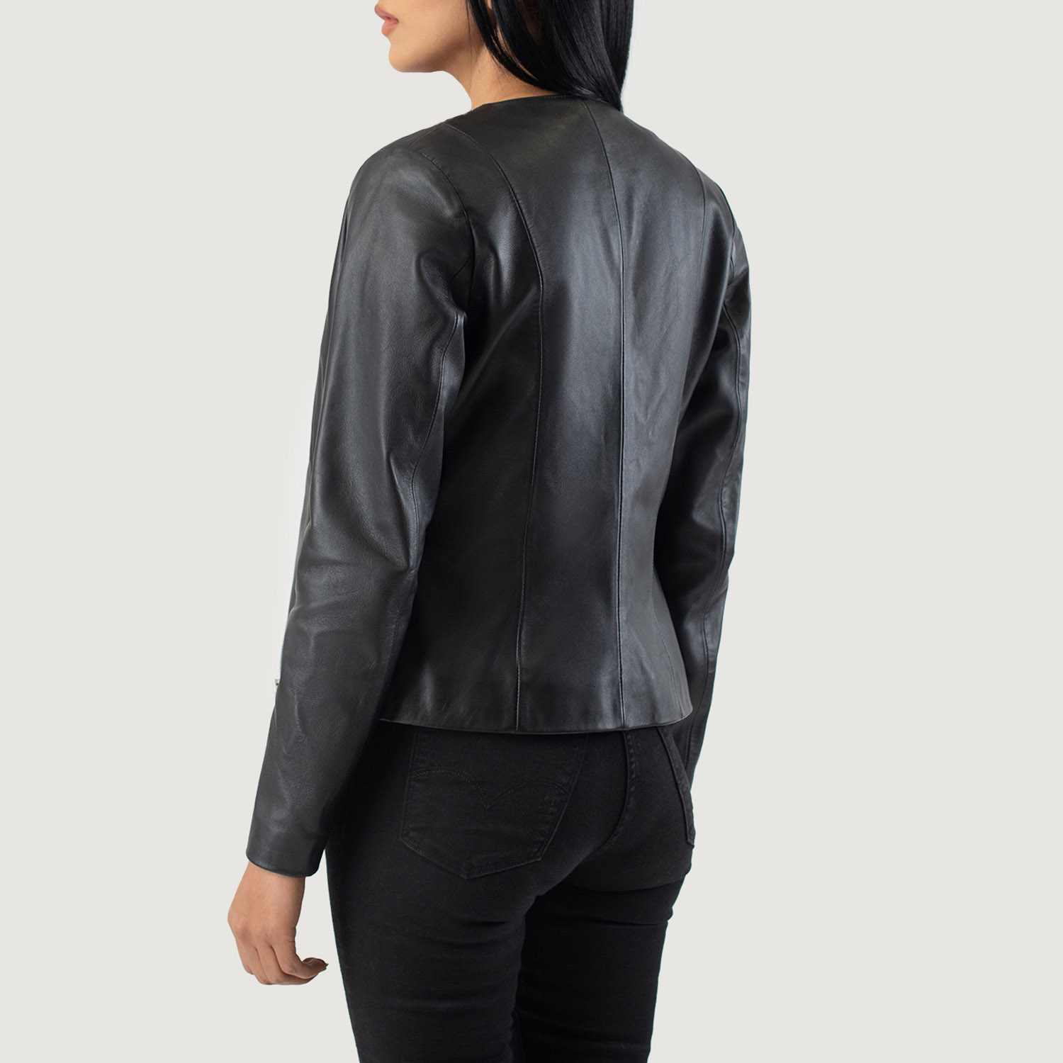 Womens Elixir Black Collarless Leather Jacket Tilted Back-8-1686933693589