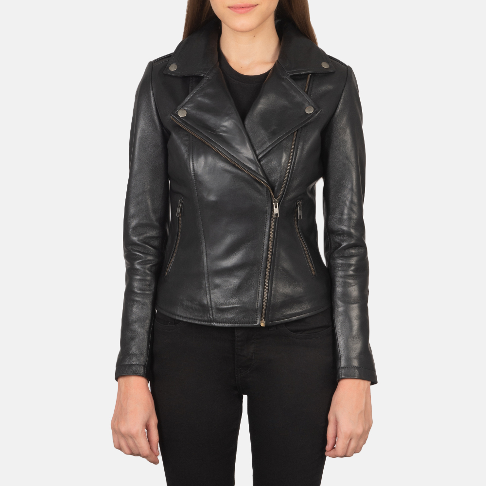 Womens Flashback Black Leather Biker Jacket Close Front-5-1659373616853