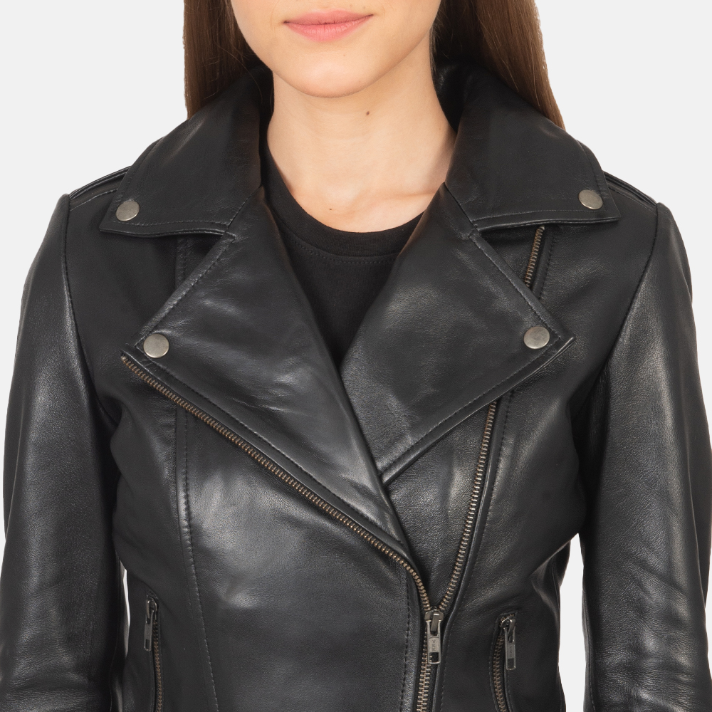 Womens Flashback Black Leather Biker Jacket Close-Up-9-1659373644067