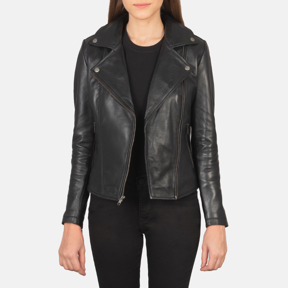 Womens Flashback Black Leather Biker Jacket Open Front-4-1659373604369