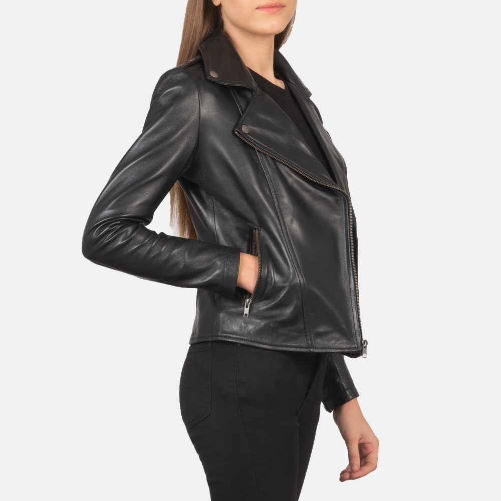 Womens Flashback Black Leather Biker Jacket Side Pose-3-1659373593496