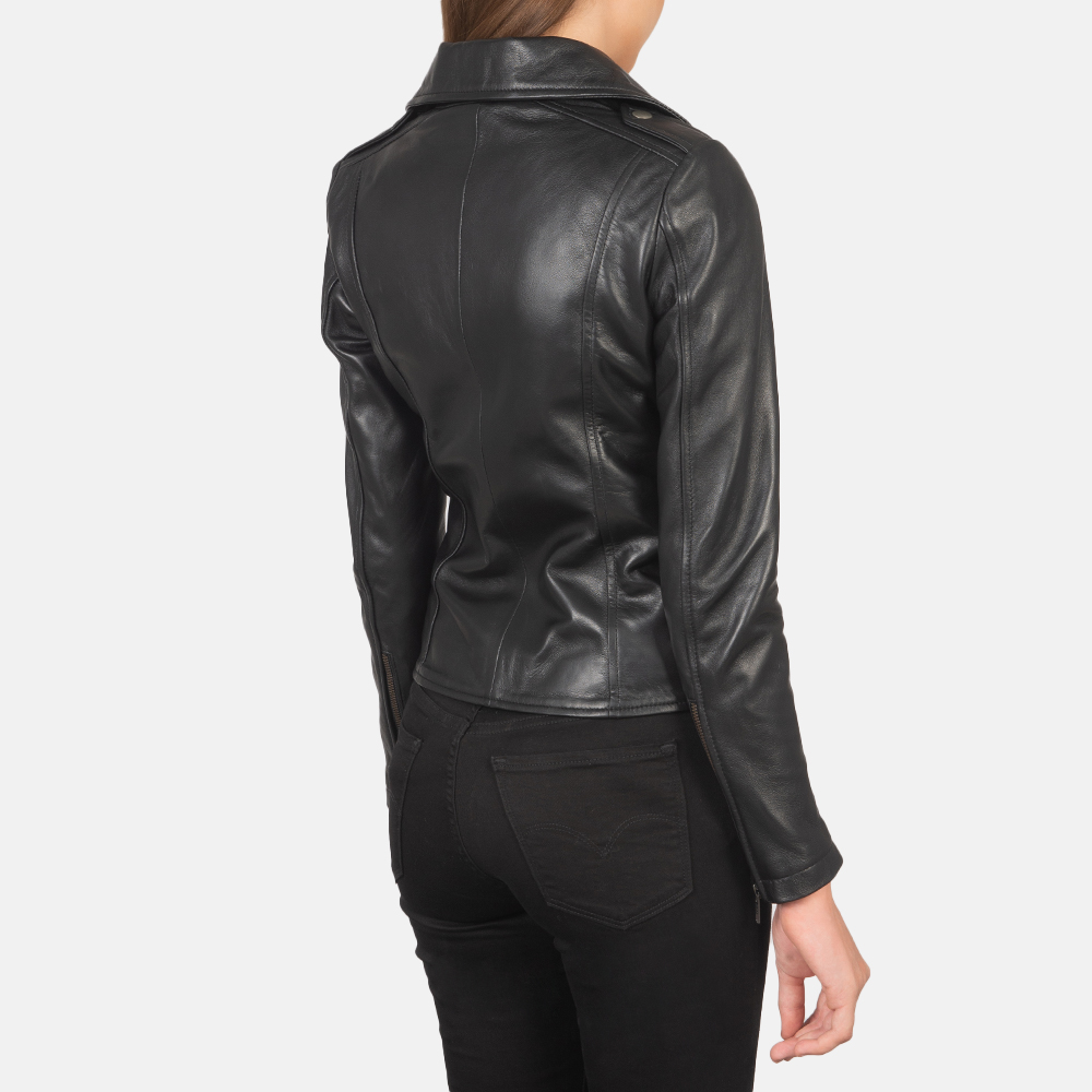 Womens Flashback Black Leather Biker Jacket Tilted Back-8-1659373635936