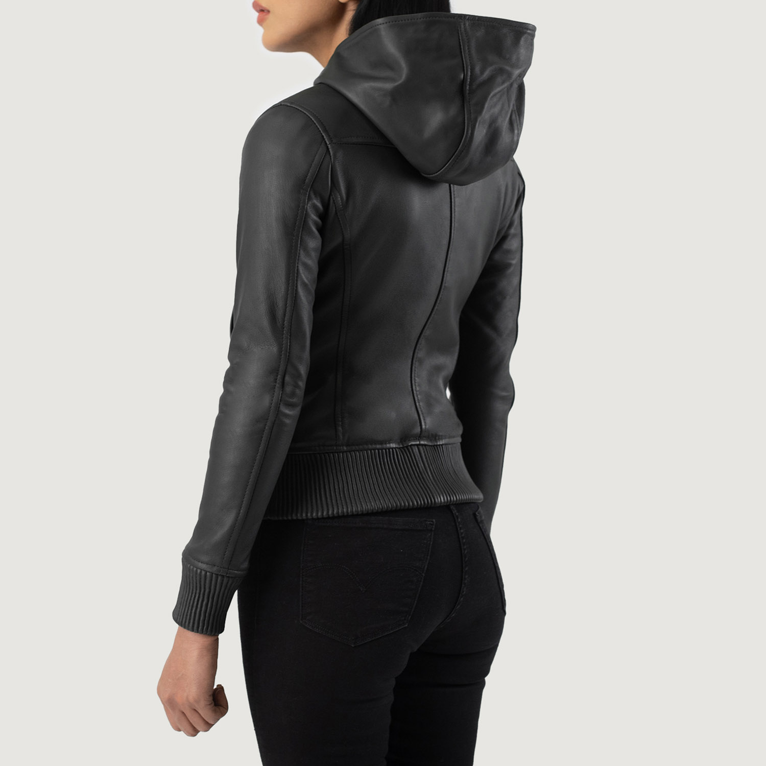 Womens Luna Black Hooded Leather Bomber Jacket Tilted Back-8-1686934499166