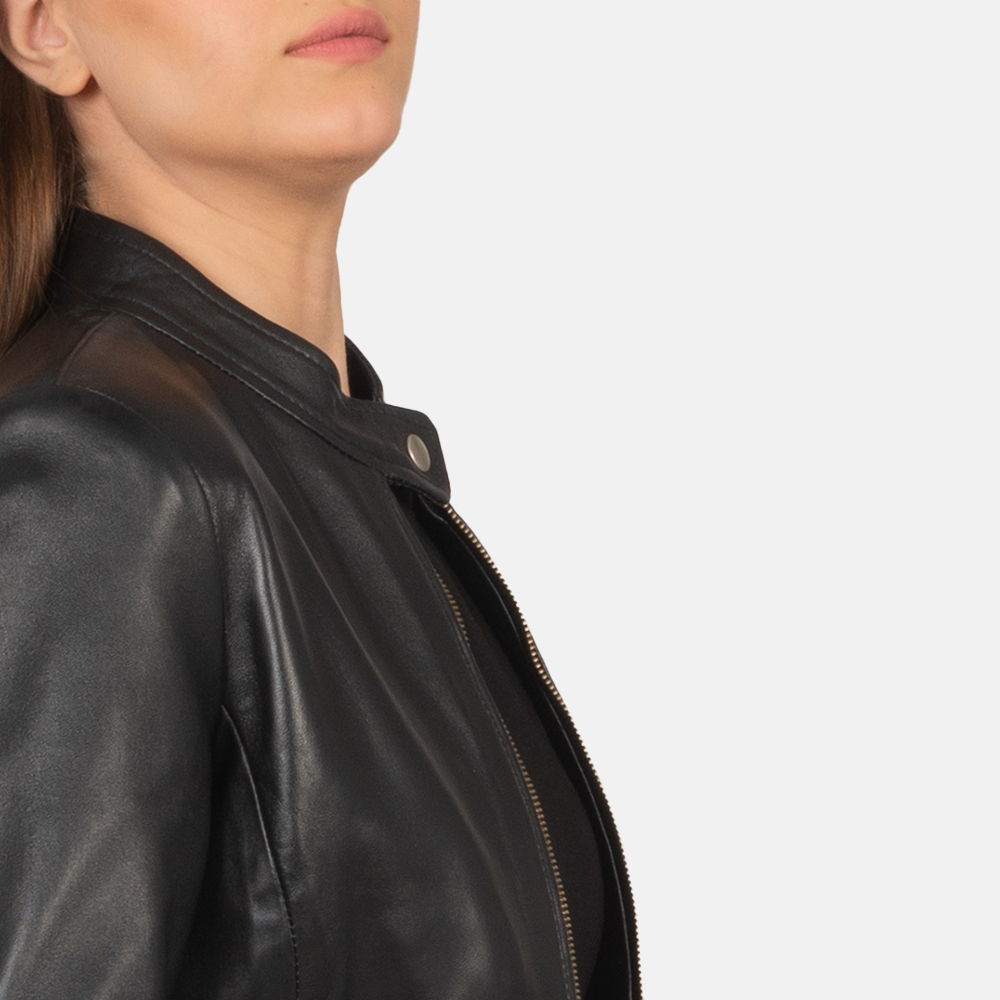 Womens Rave Black Leather Biker Jacket Close-Up-9-1659377041924