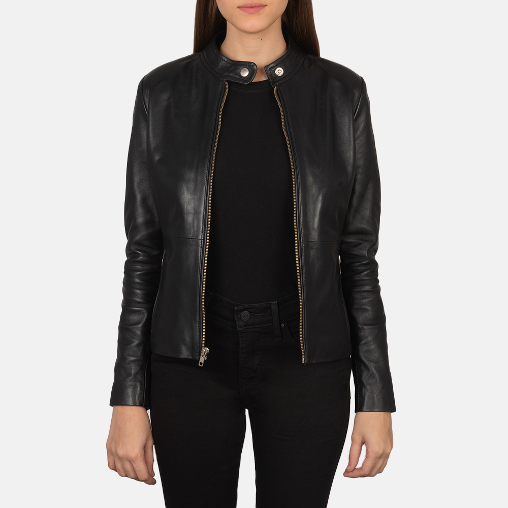 Womens Rave Black Leather Biker Jacket Open Front-4-1659377027788