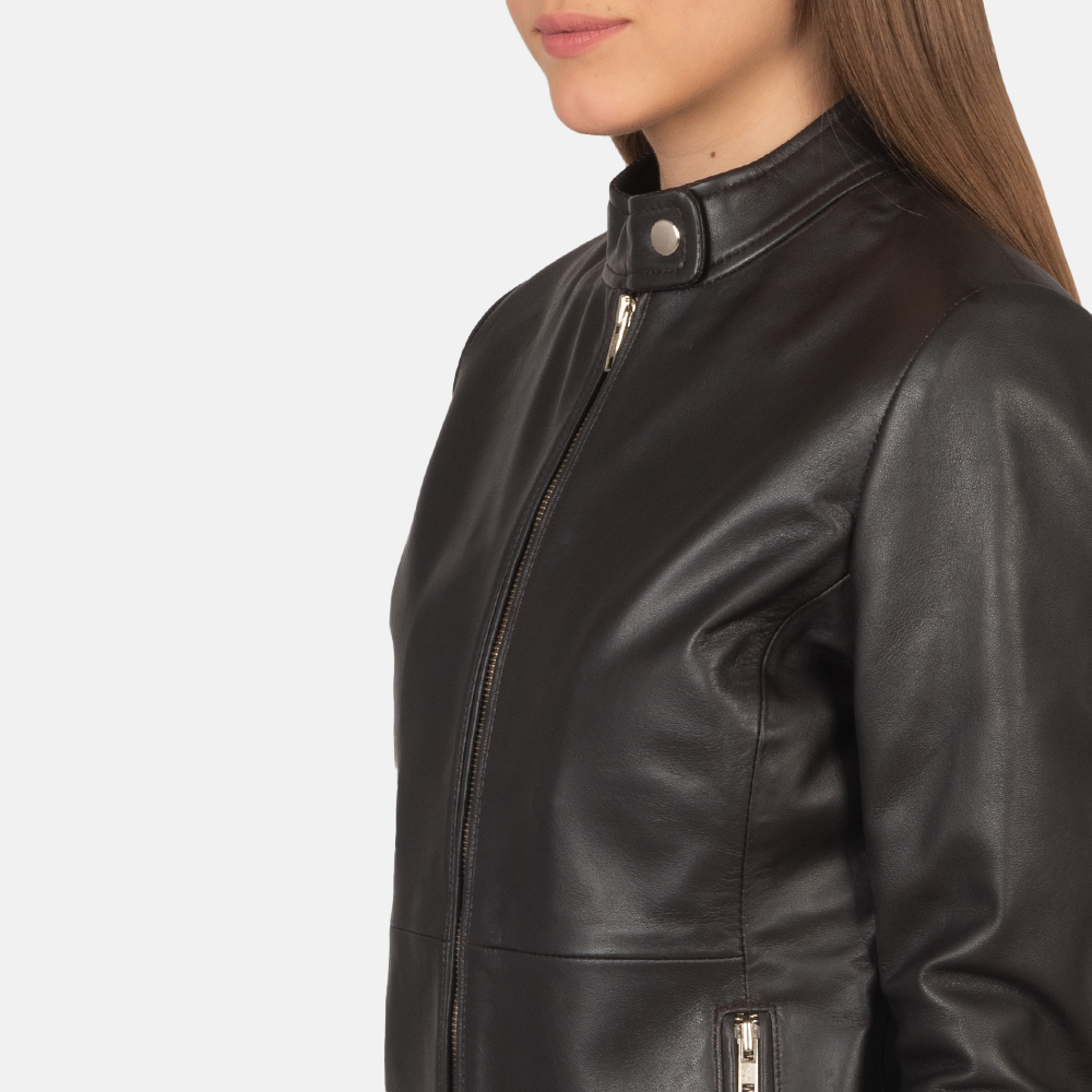 Womens Rave Brown Leather Biker Jacket Close-Up-9-1659377235165