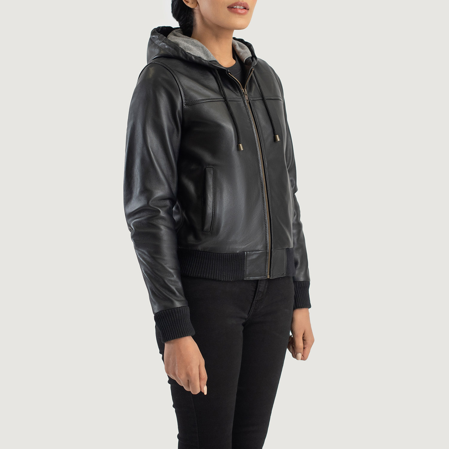 Womens Rebella Black Hooded Leather Bomber Jacket Side Pose-3-1686935076080