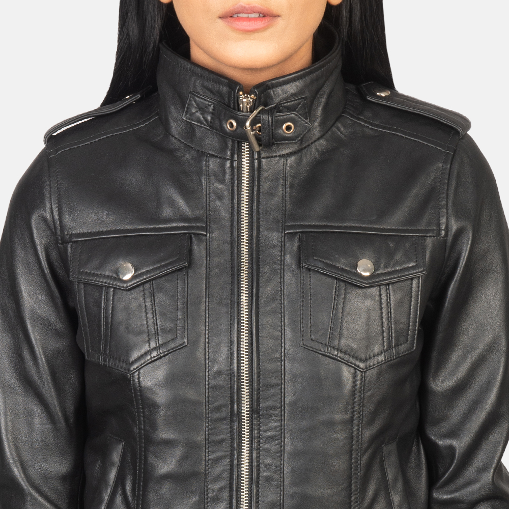 Womens Roslyn Black Hooded Leather Bomber Jacket Close-Up-9-1652251404181