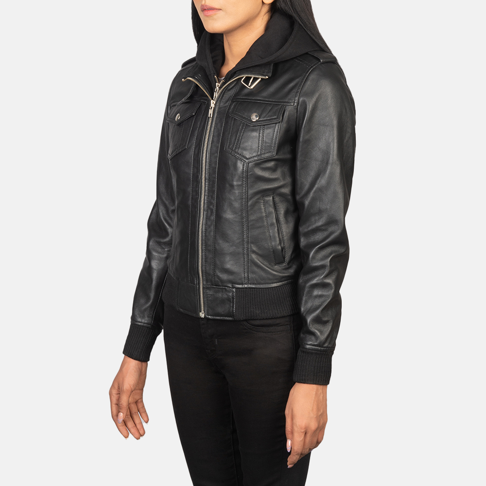 Womens Roslyn Black Hooded Leather Bomber Jacket Side Pose-3-1652251379564