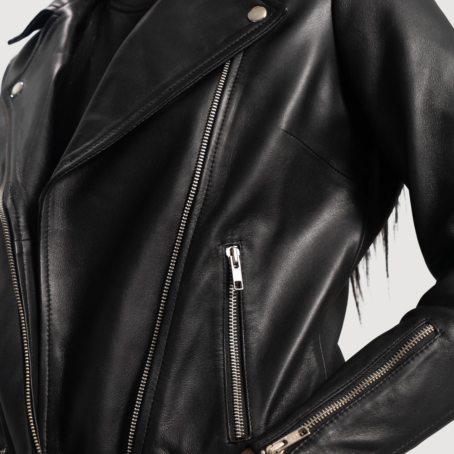 Womens Rumy Black Leather Biker Jacket Close-Up-9-1664351635409