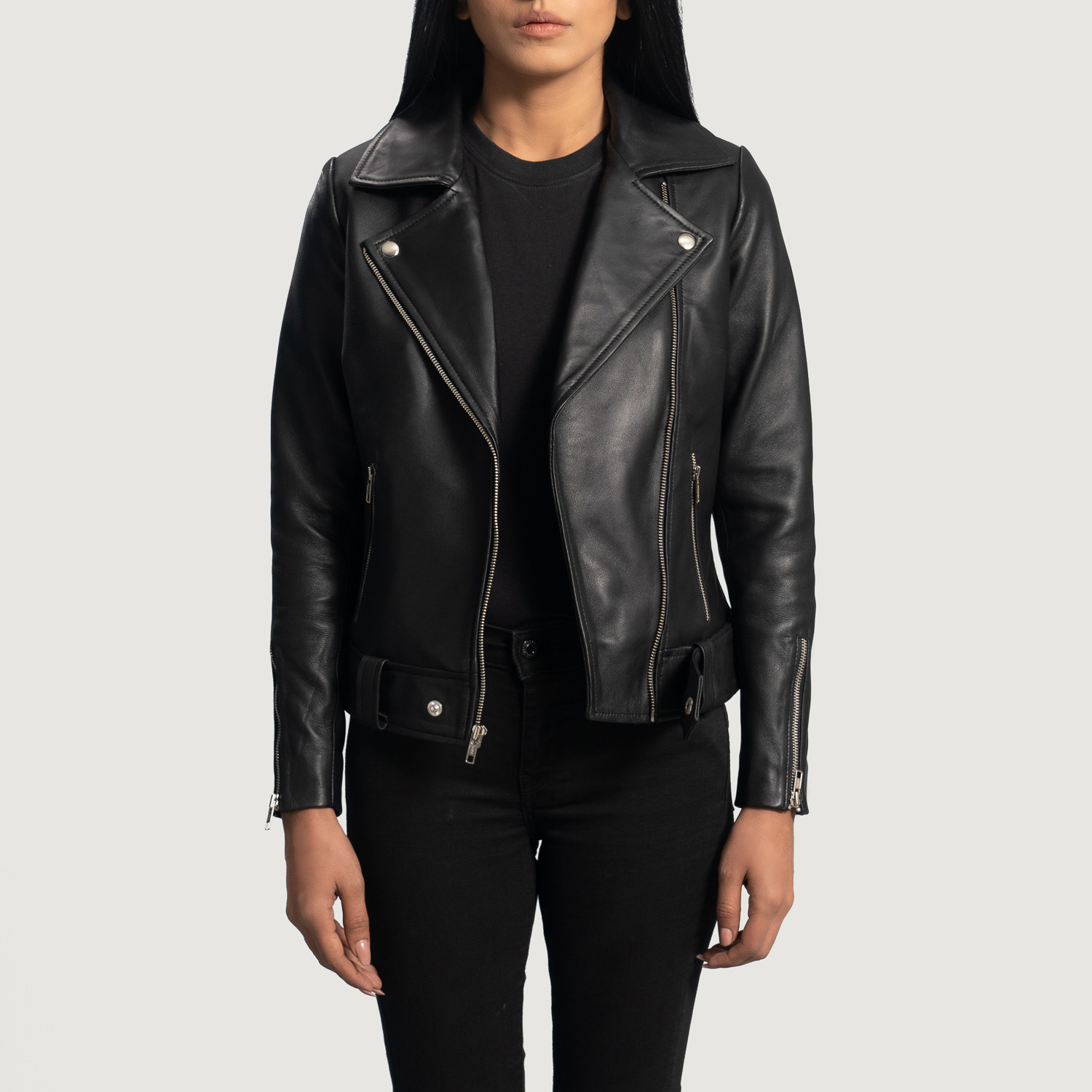 Womens Rumy Black Leather Biker Jacket Open Front-4-1664351622979