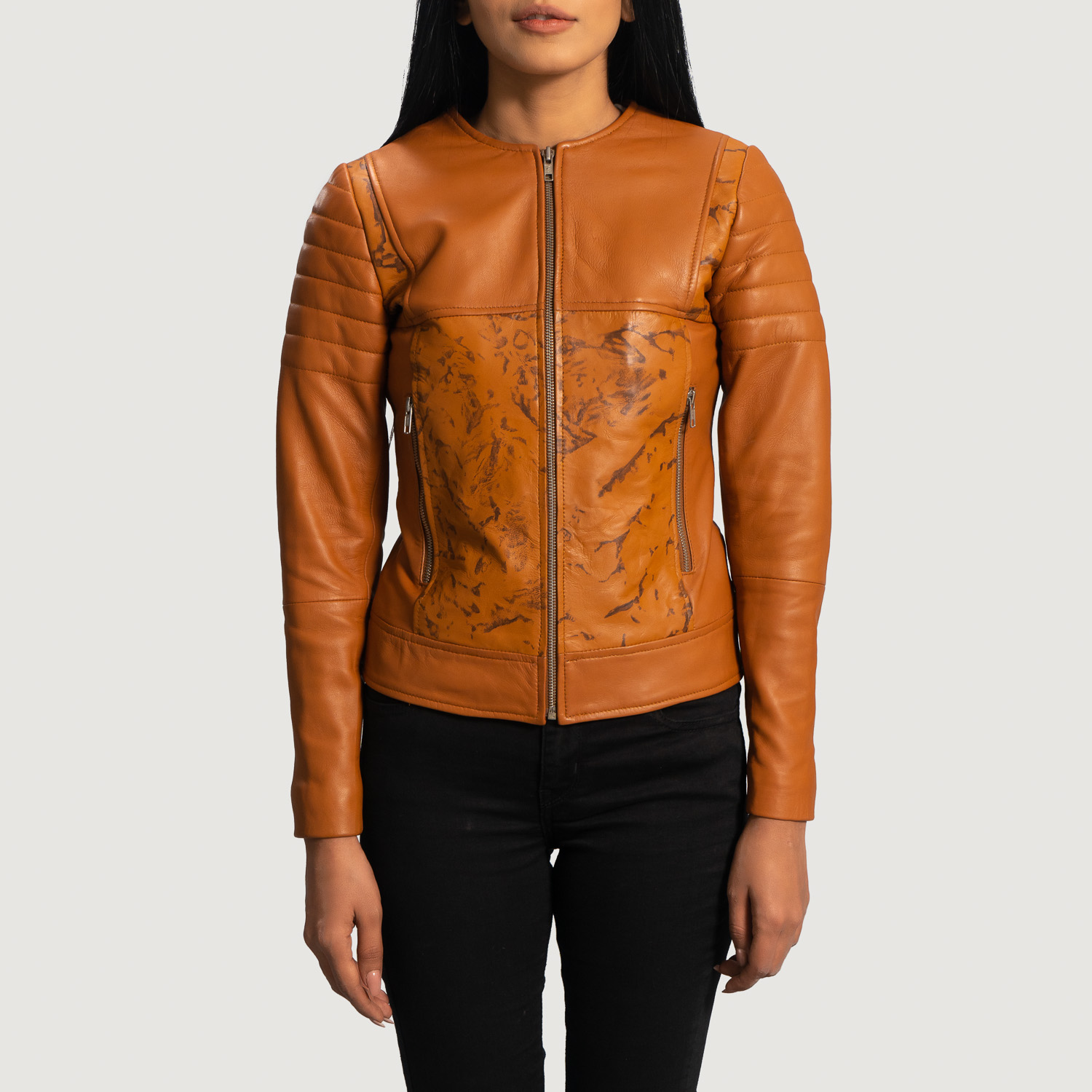 Womens Sandy Tan Dye Leather Biker Jacket Close Front-5-1664359193296