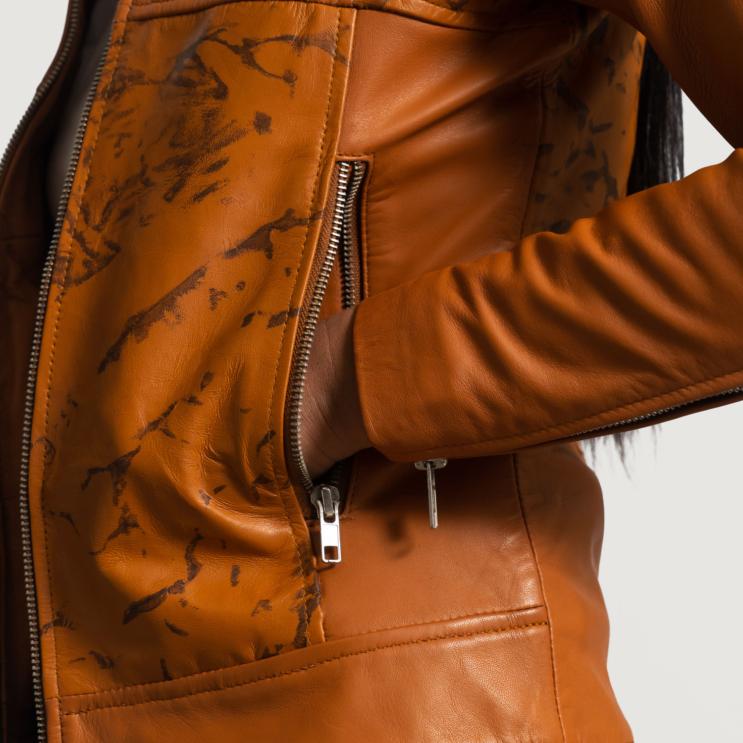 Womens Sandy Tan Dye Leather Biker Jacket Close-Up-9-1664359199969