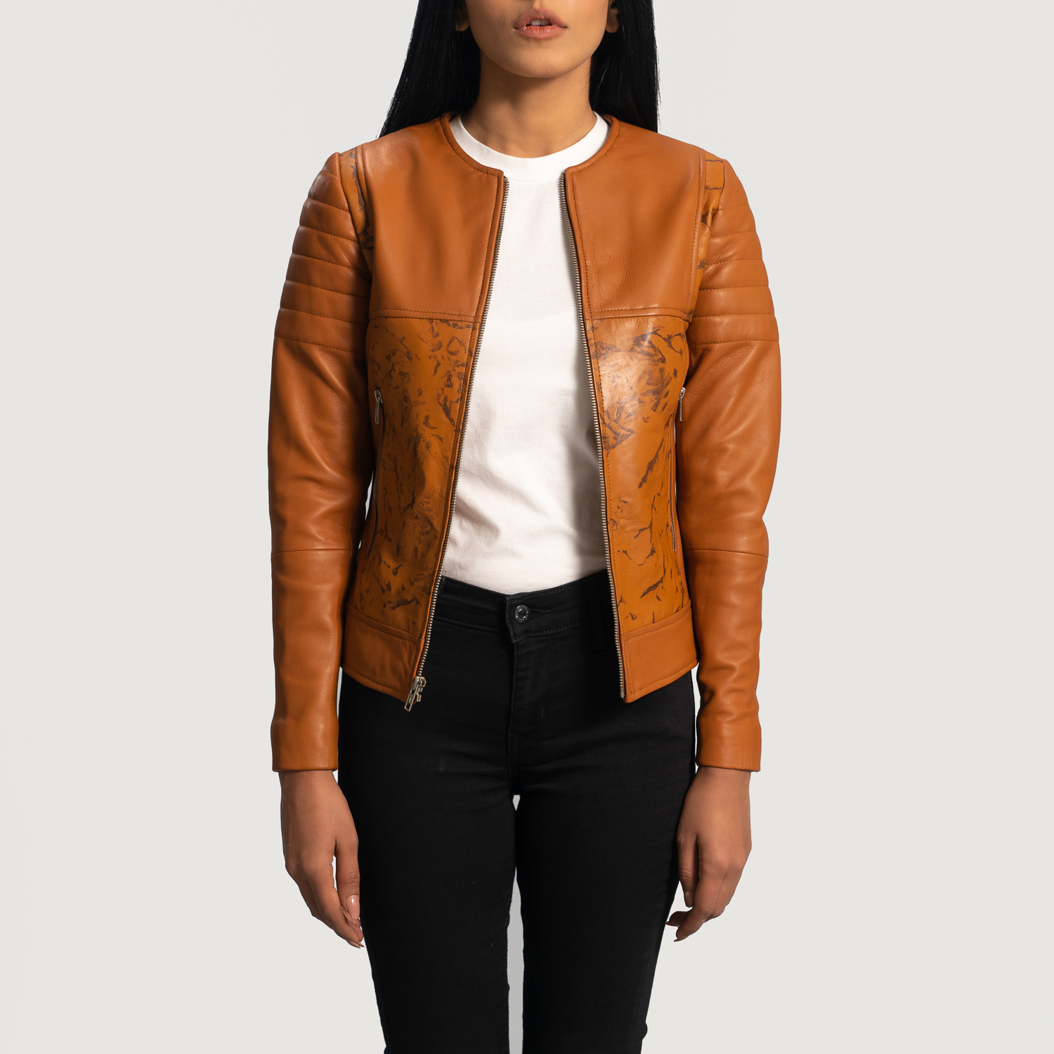 Womens Sandy Tan Dye Leather Biker Jacket Open Front-4-1664359189229