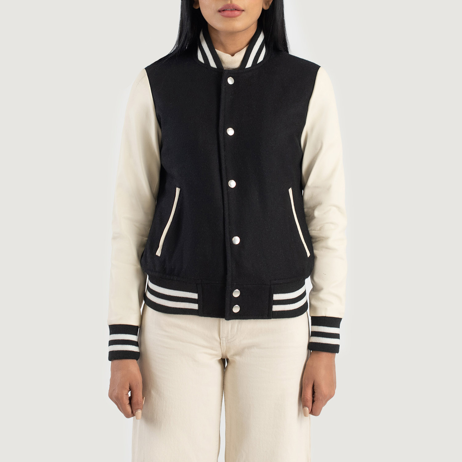 Womens Savant Black & White Hybrid Varsity Jacket Close Front-5-1686936247675