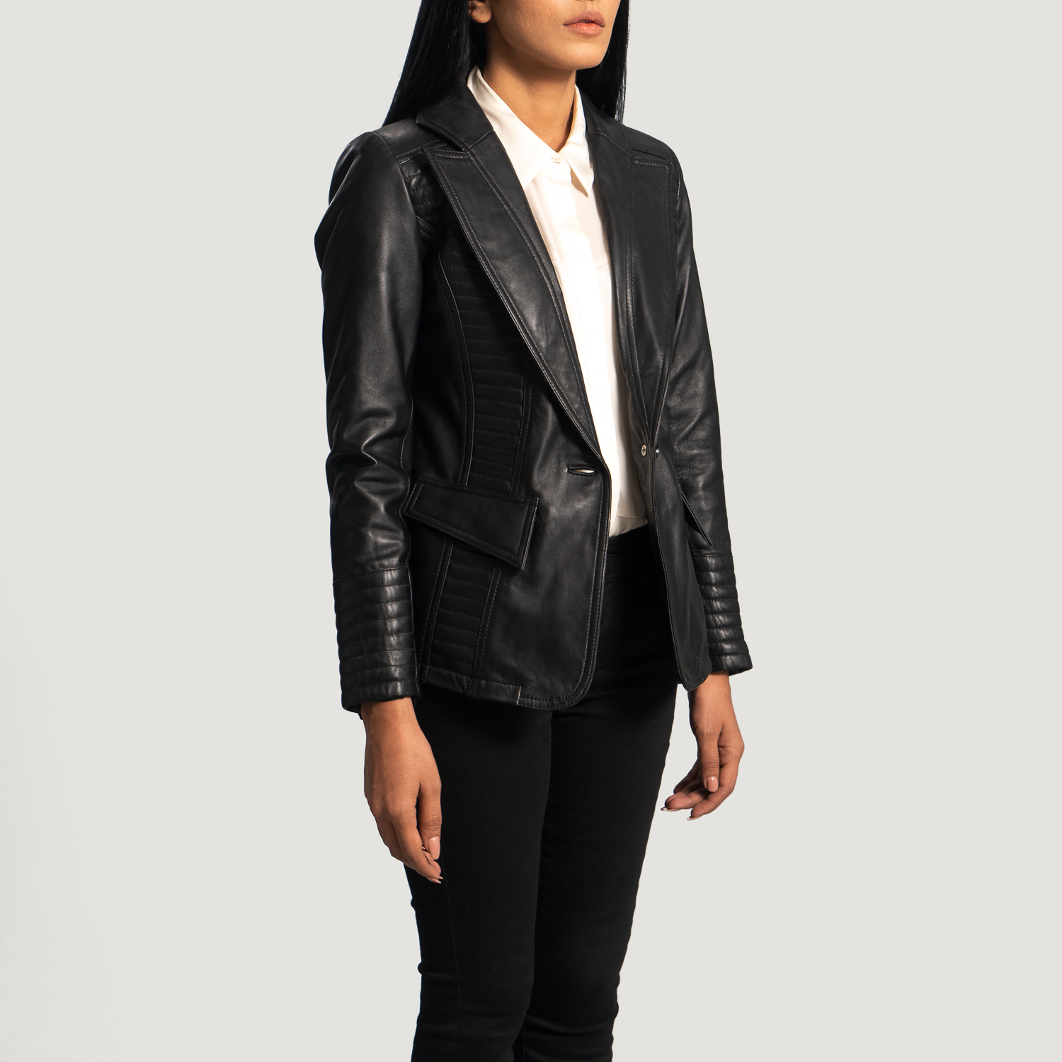 Womens Selina Black Leather Blazer Side Pose-3-1664359890993