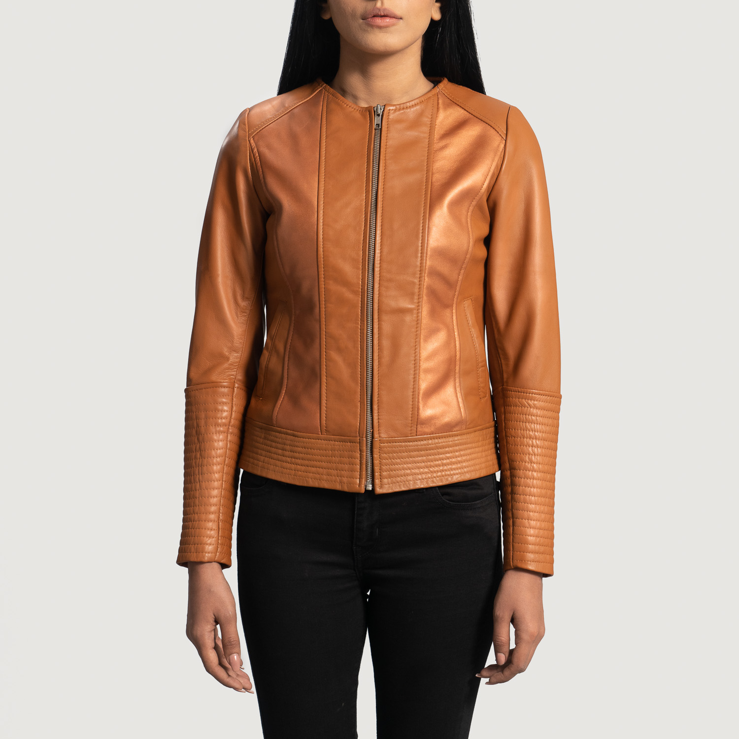 Womens Sleeky Clean Tan Leather Biker Jacket  Close Front-5-1664352854512