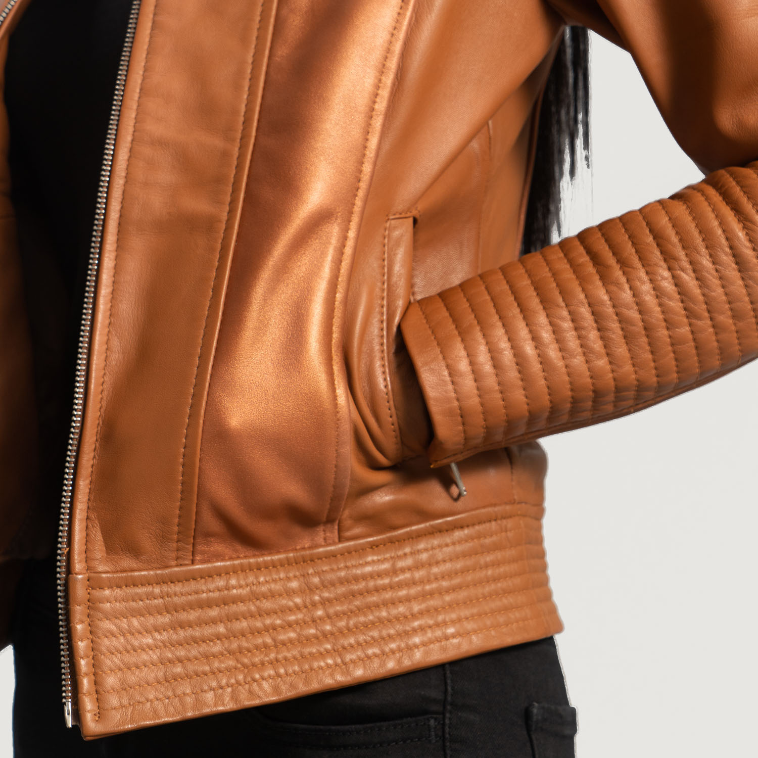 Womens Sleeky Clean Tan Leather Biker Jacket  Close-Up-9-1664352868288