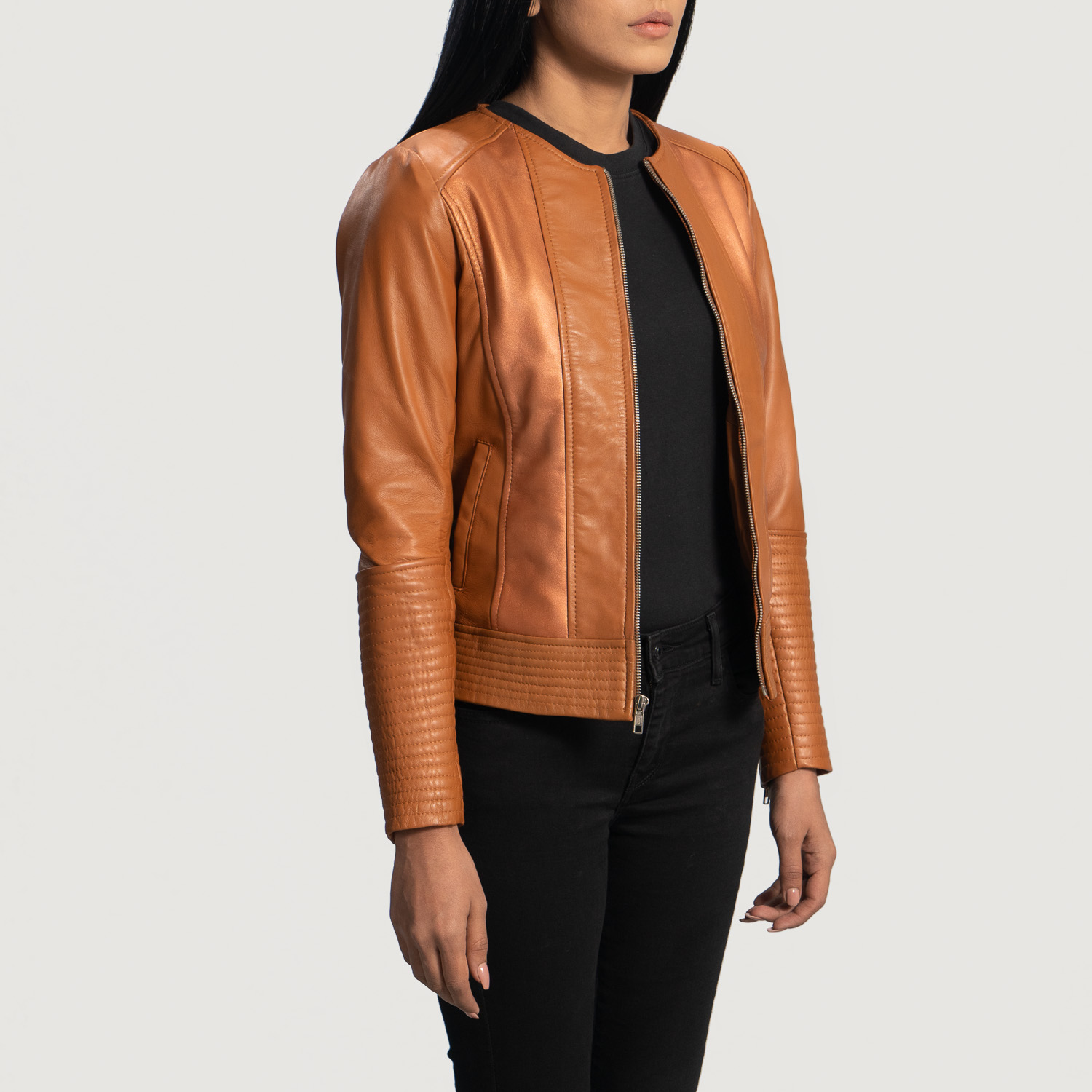 Womens Sleeky Clean Tan Leather Biker Jacket  Side Pose-3-1664352845636