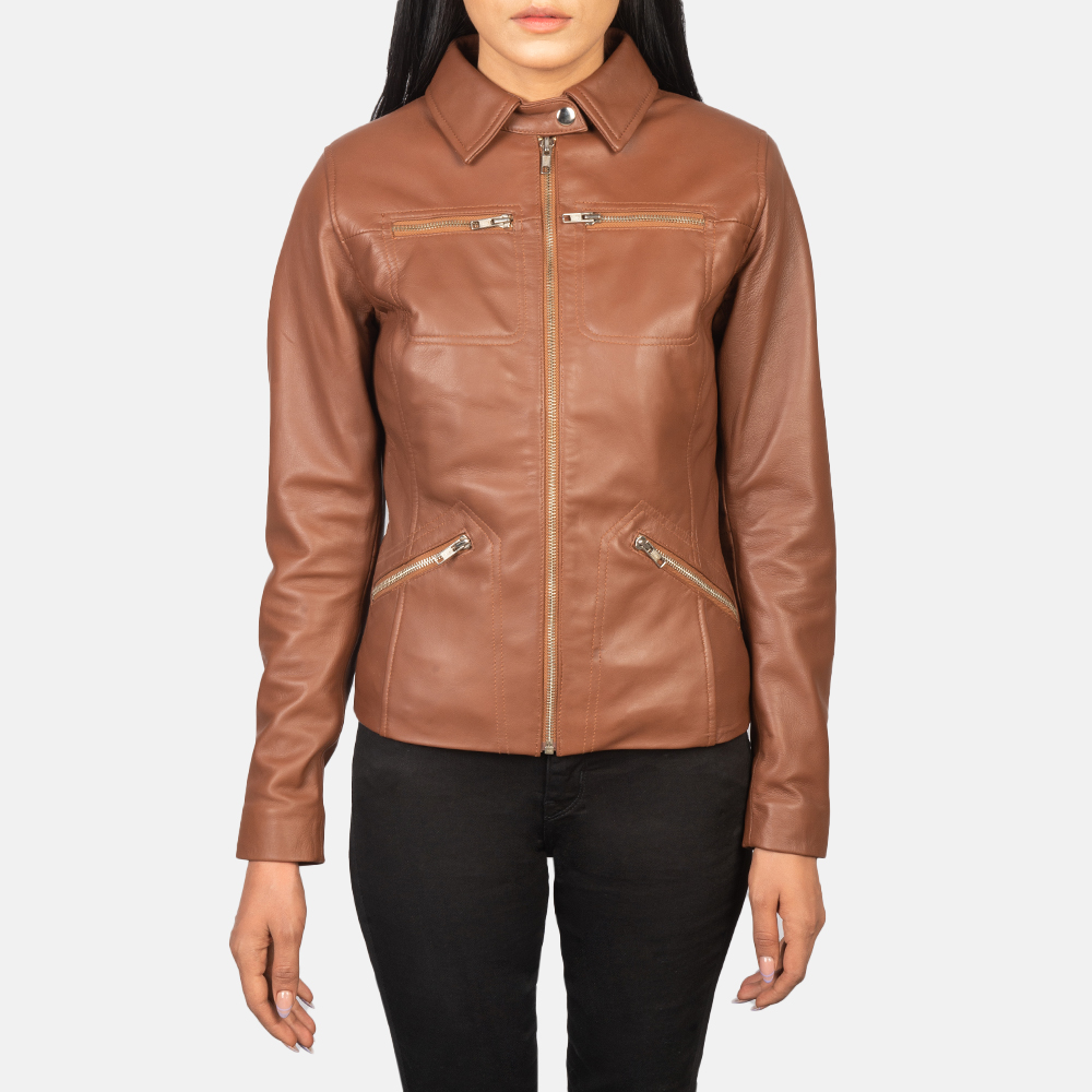 Womens Tomachi Brown Leather Jacket Close Front-5-1652193776288