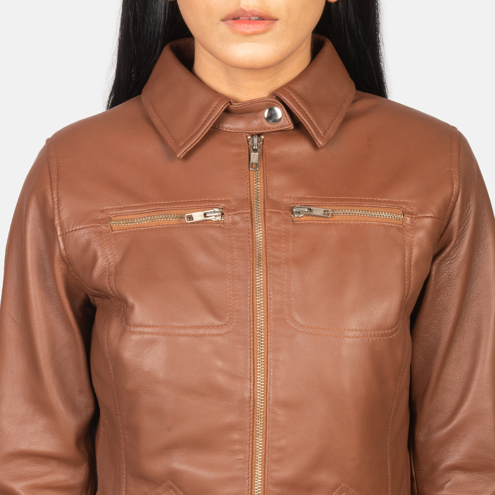 Womens Tomachi Brown Leather Jacket Close-Up-9-1652193783035