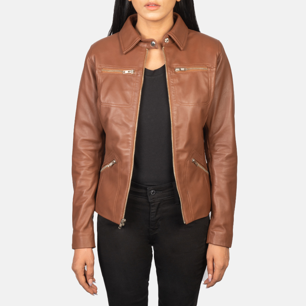 Womens Tomachi Brown Leather Jacket Open Front-4-1652193772639