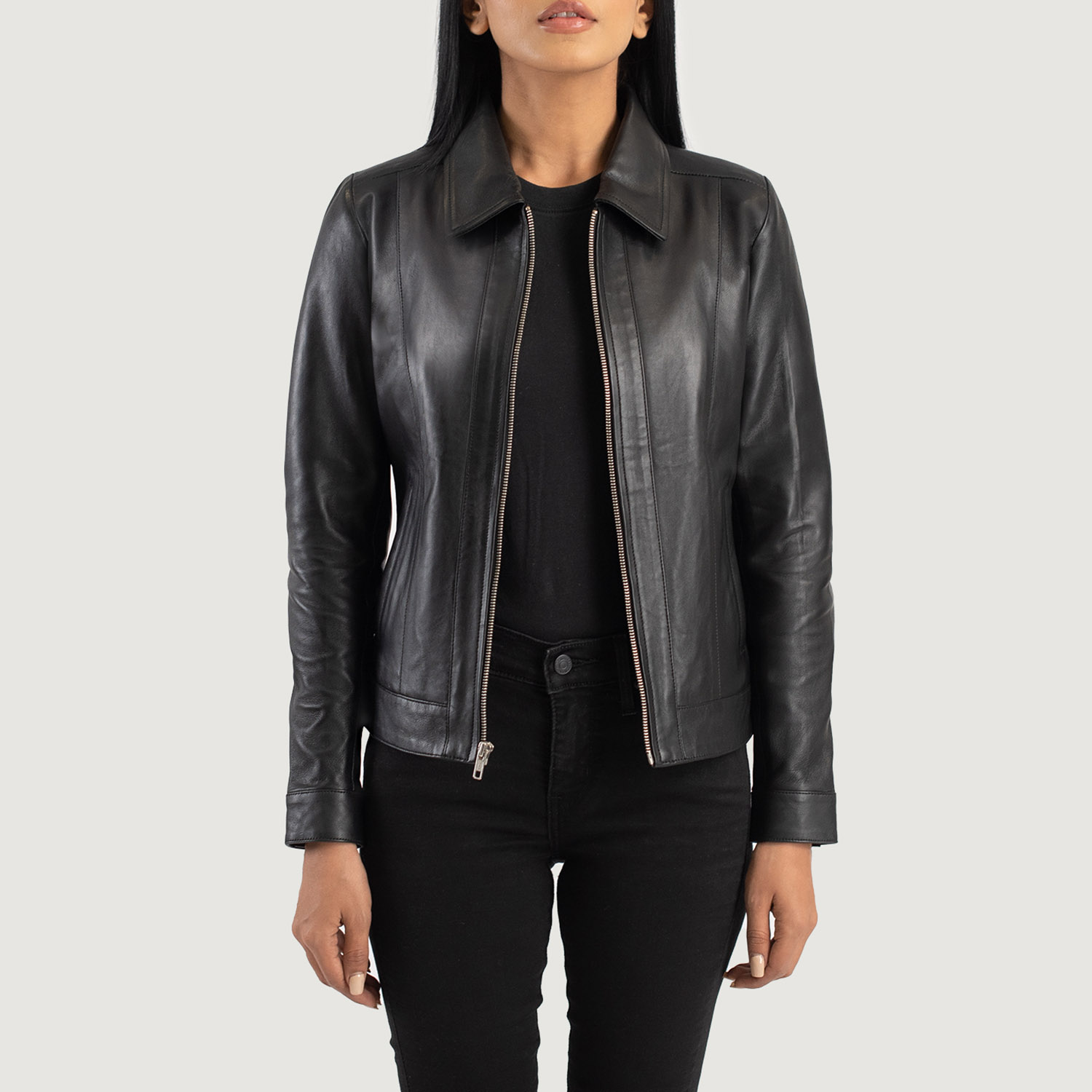 Womens Vixen Black Classic Collar Leather Jacket Open Front-4-1686936636136