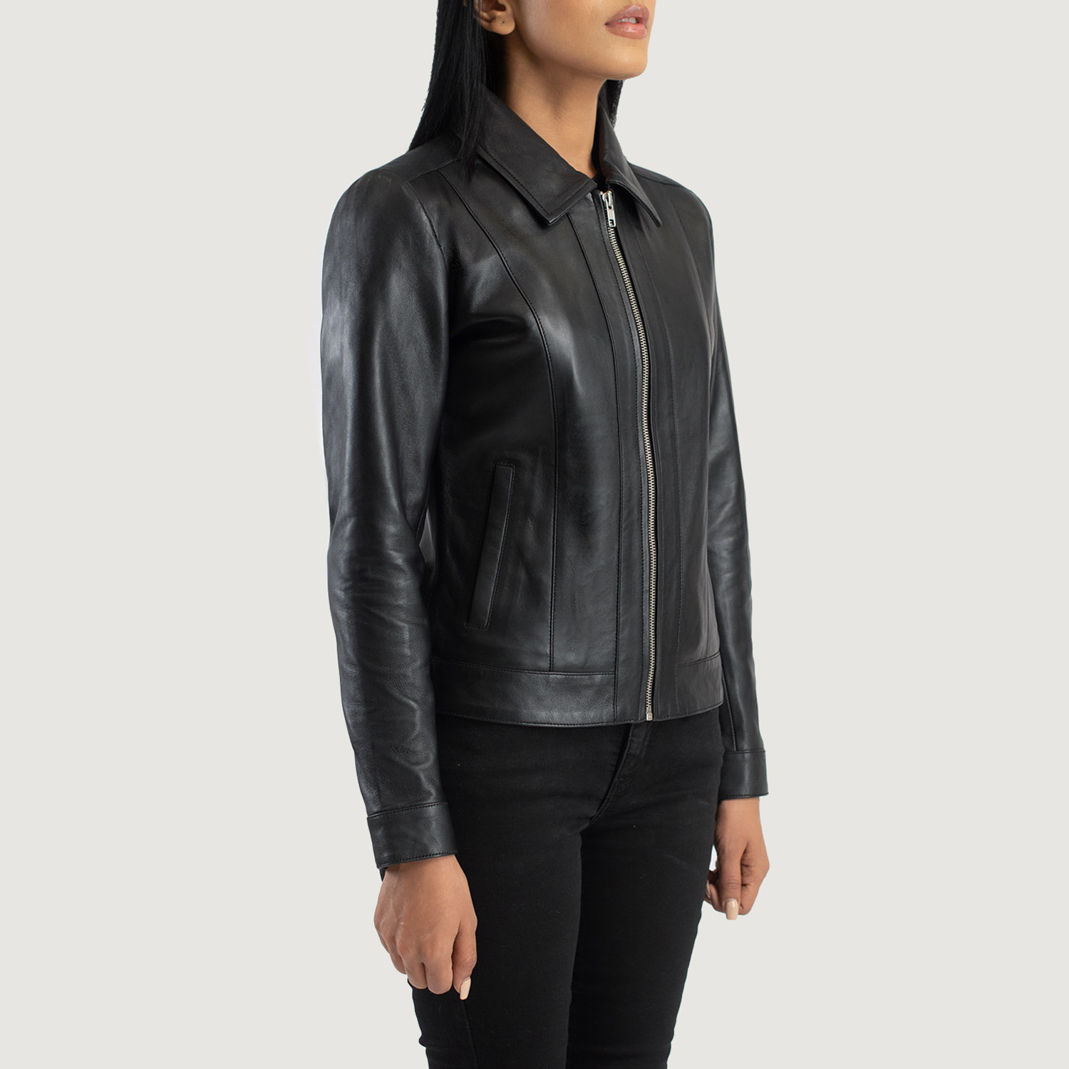 Womens Vixen Black Classic Collar Leather Jacket Side Pose-3-1686936633876