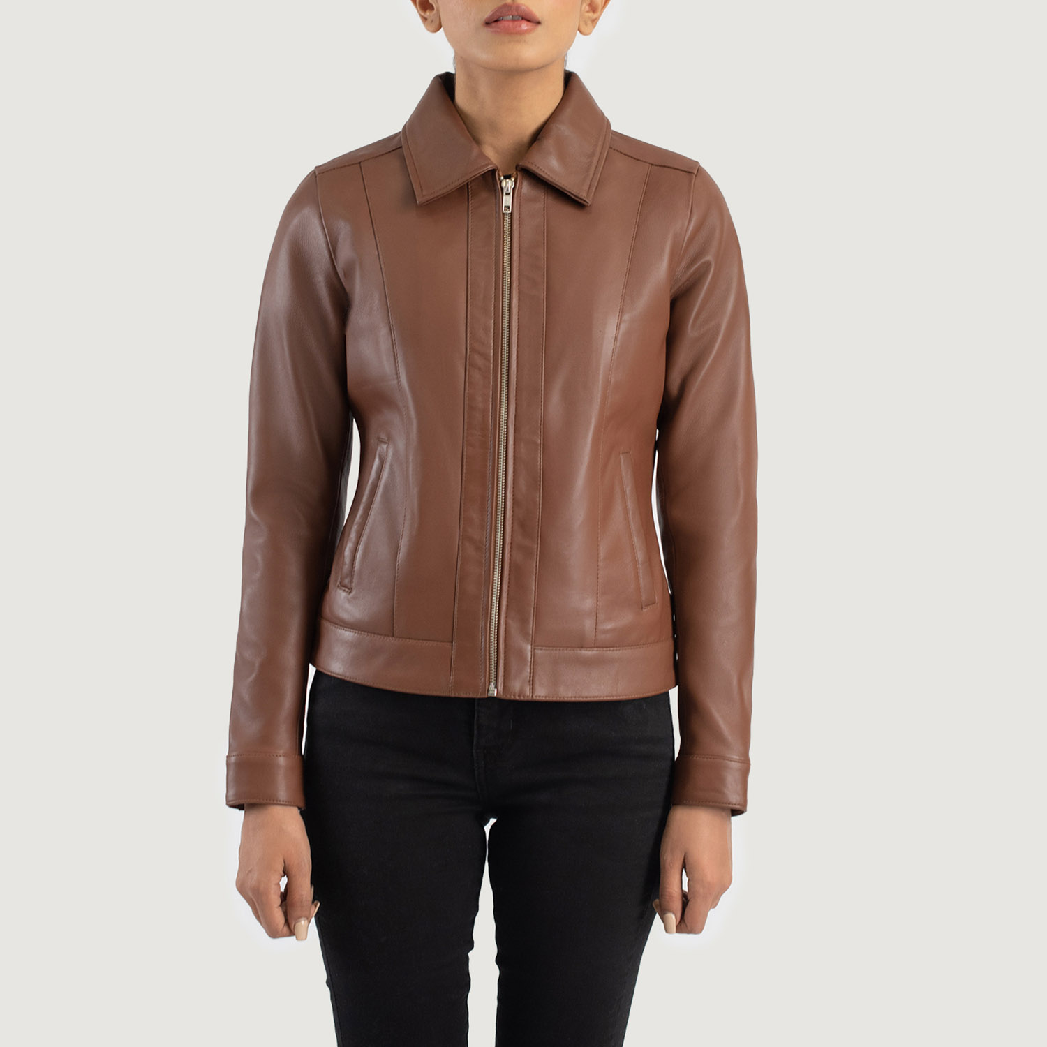 Womens Vixen Brown Classic Collar Leather Jacket Close Front-5-1686936666790