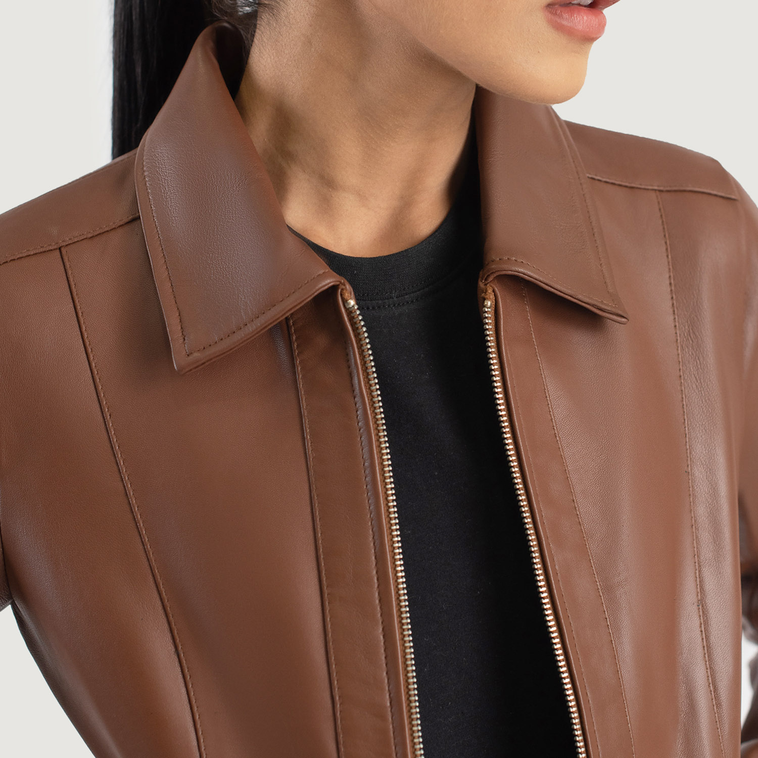 Womens Vixen Brown Classic Collar Leather Jacket Close-Up-9-1686936673471