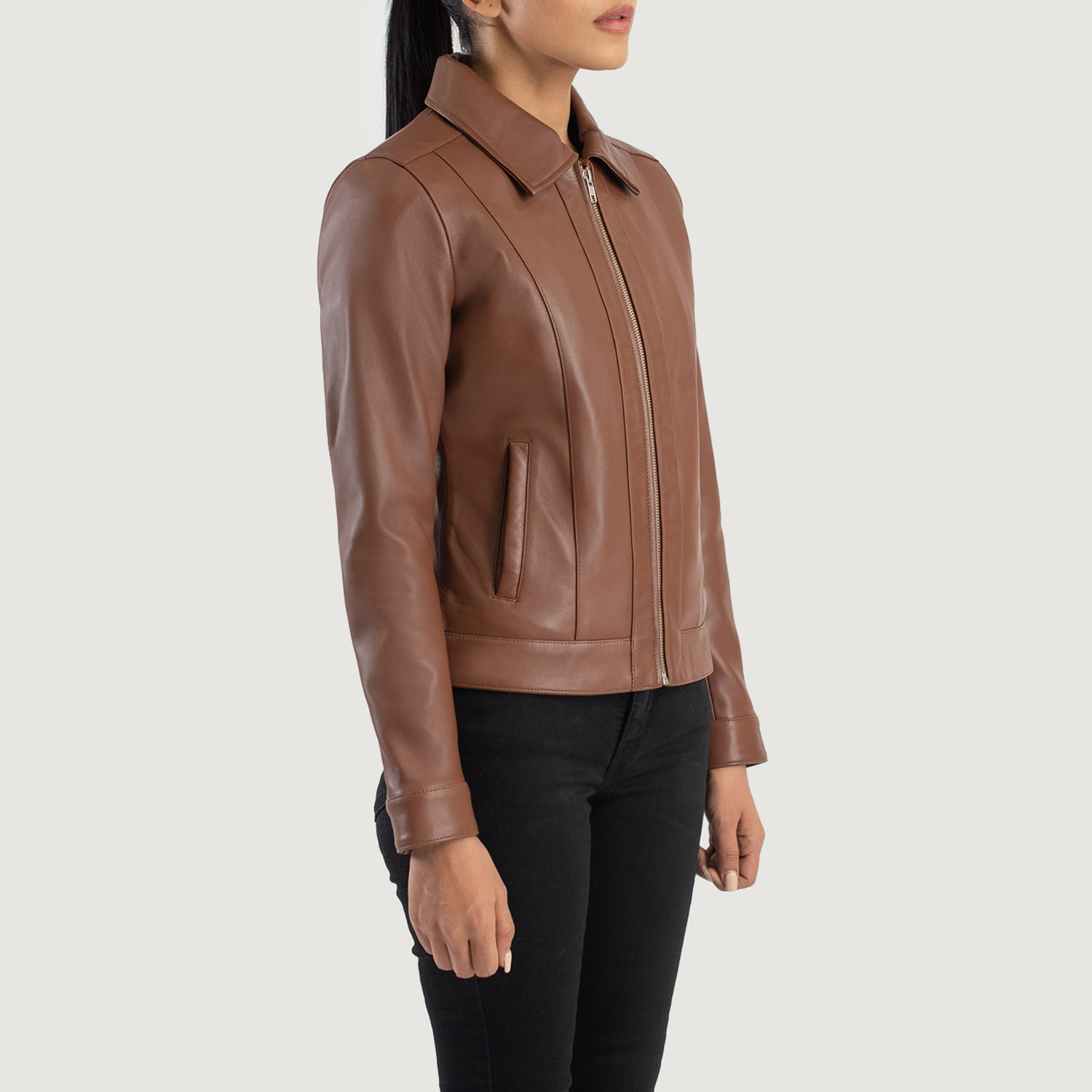 Womens Vixen Brown Classic Collar Leather Jacket Side Pose-3-1686936662045