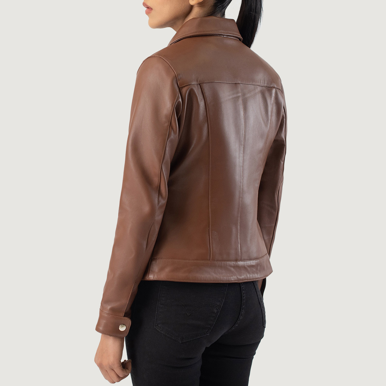 Womens Vixen Brown Classic Collar Leather Jacket Tilted Back-8-1686936670523