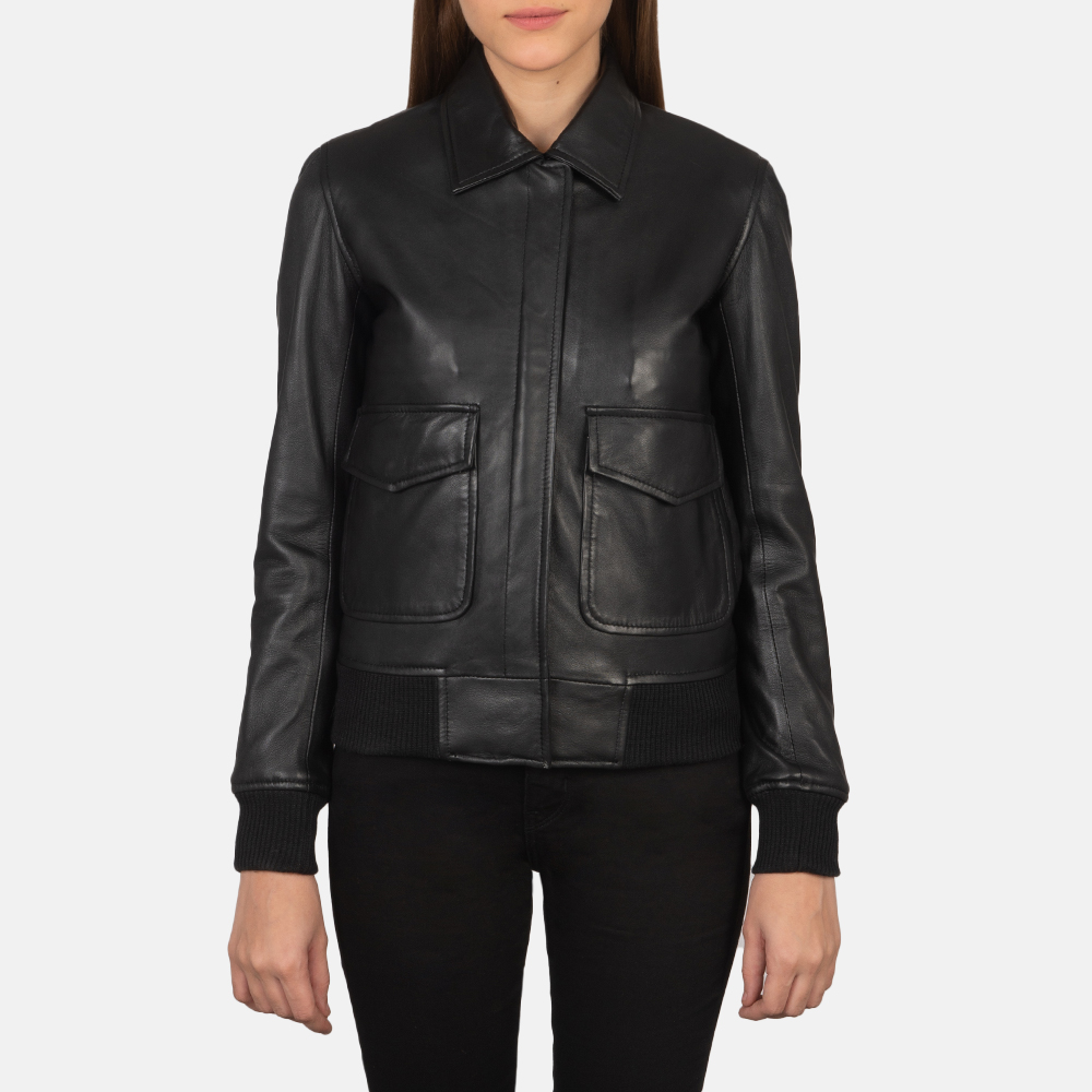 Womens Westa A-2 Black Leather Bomber Jacket Close Front-5-1659377517231