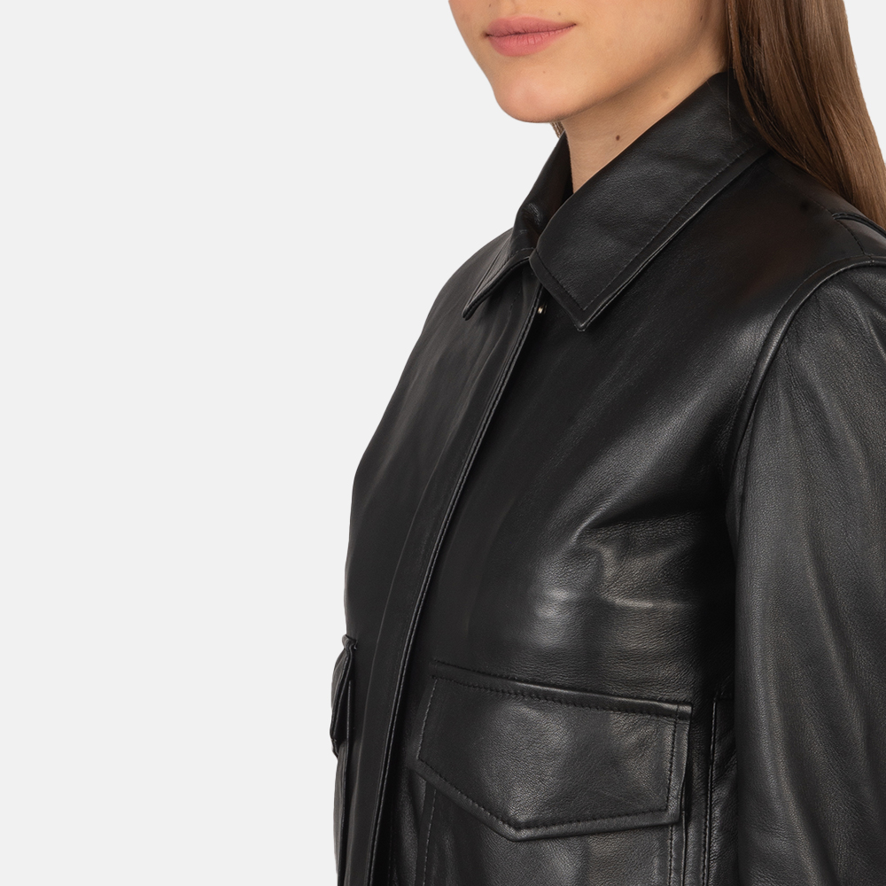 Womens Westa A-2 Black Leather Bomber Jacket Close-Up-9-1659377526106