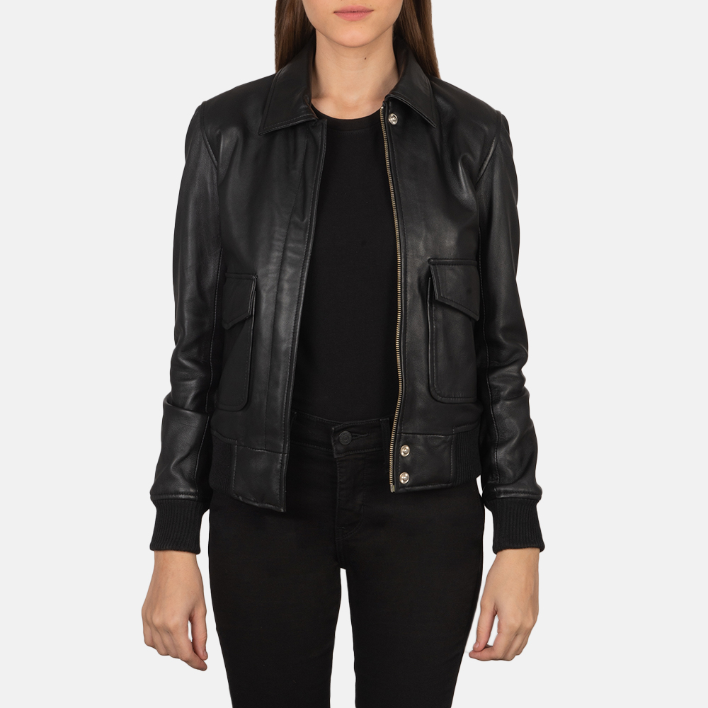 Womens Westa A-2 Black Leather Bomber Jacket Open Front-4-1659377509871