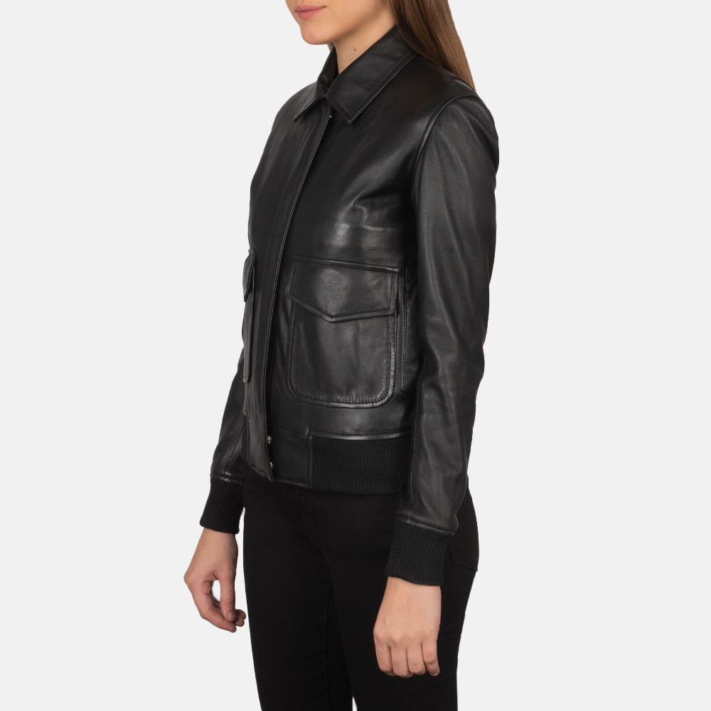 Womens Westa A-2 Black Leather Bomber Jacket Side Pose-3-1659377503495