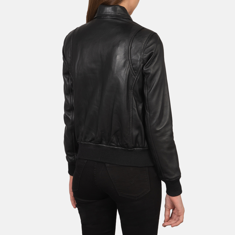 Womens Westa A-2 Black Leather Bomber Jacket Tilted Back-8-1659377522563