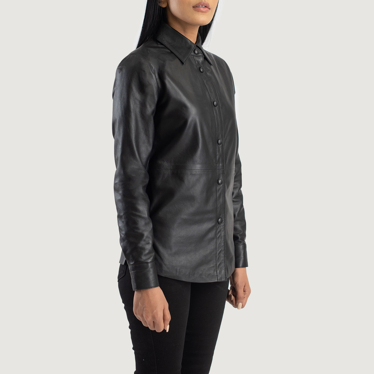 Womens Zenith Black Leather Shirt Jacket Side Pose-3-1686937089538